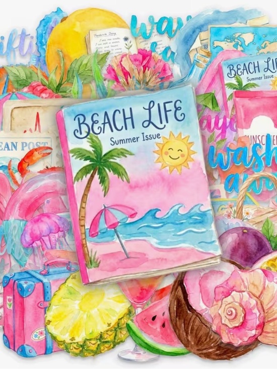 Other - 50 Beach Life Summer Stickers Pink & Blue Palm Tree Waves Sun Coconut Vacation